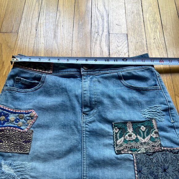 Desigual Size 30 Blue Denim Patty Embroidered Patchwork Boho A-Line Mini Skirt - Picture 10 of 13